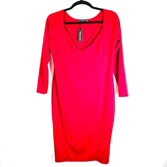PrettyLittleThing Red Bodycon Dress 22 Long Sleeve Party Holiday Date Night NWT - Picture 2 of 7